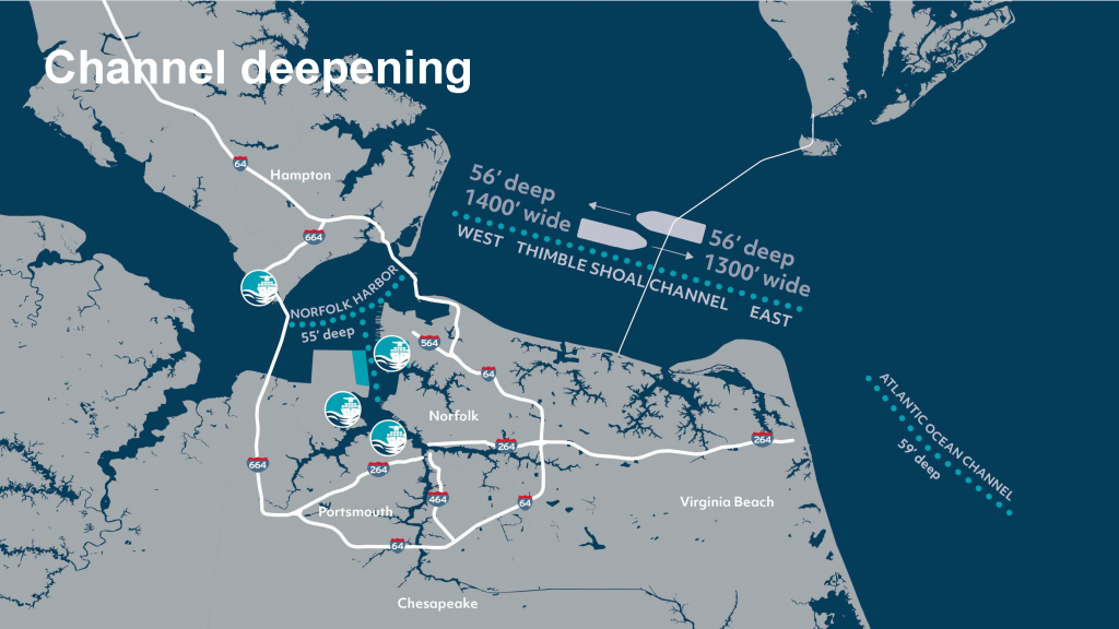 Port of Virginia Channel Deepening - This map shows POV's container terminals and depths of its channels.